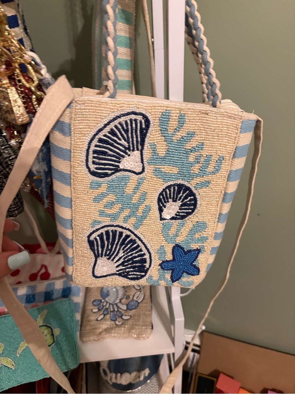 Blue & Cream beaded Seaside Embroidered Crossbody Bag